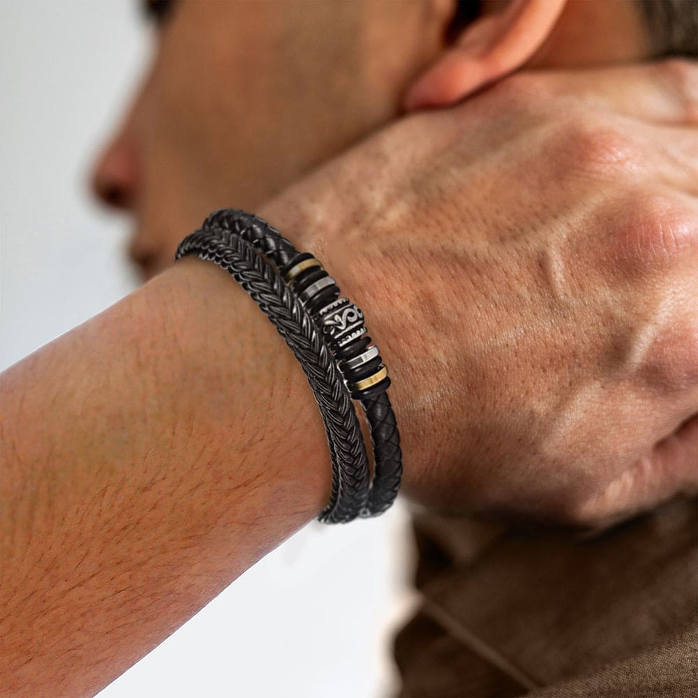 Engravable Black Leather Bracelet with Black Clasp for Mens - Gift for Him 10 Inches