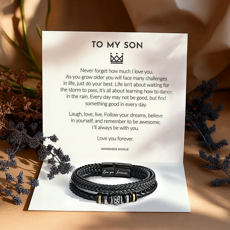 Matching mother and son bracelets celebrating unbreakable family bond.