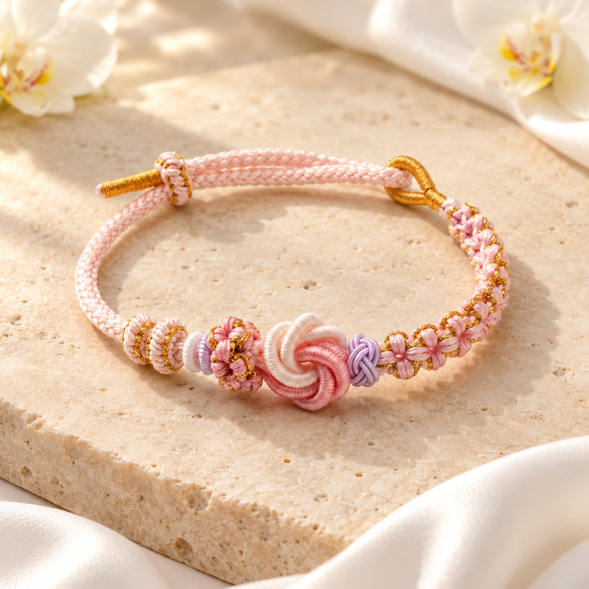 Pink braided adjustable cord bracelet with floral knots and gold-tone thread accents