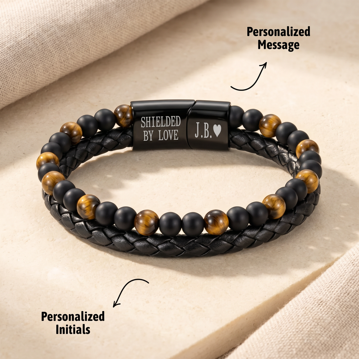 Close-up showing separate personalized message and initials on the bracelet clasp