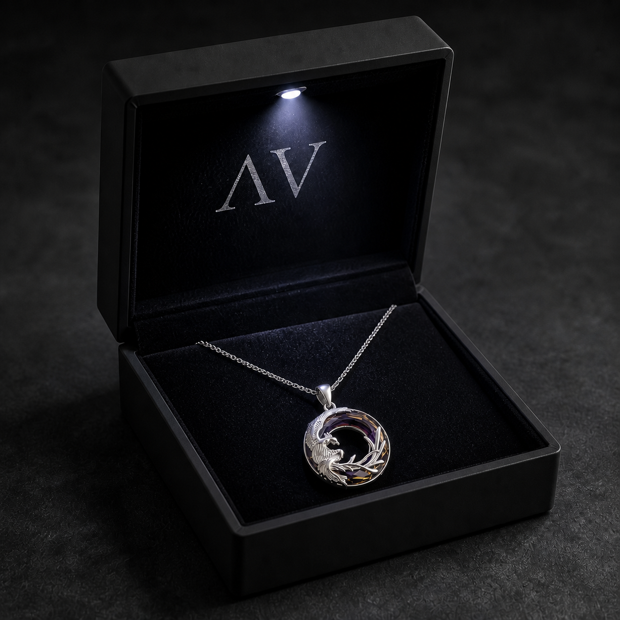 Sterling silver Phoenix crystal necklace in black LED gift box