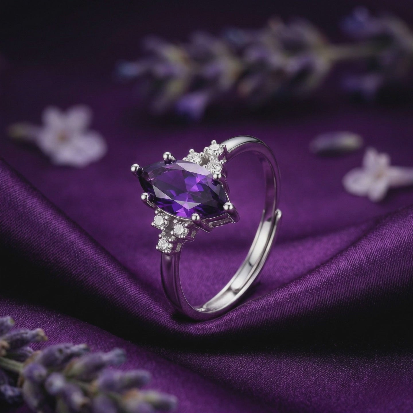 Marquesa cut natural amethyst ring in solid white gold.