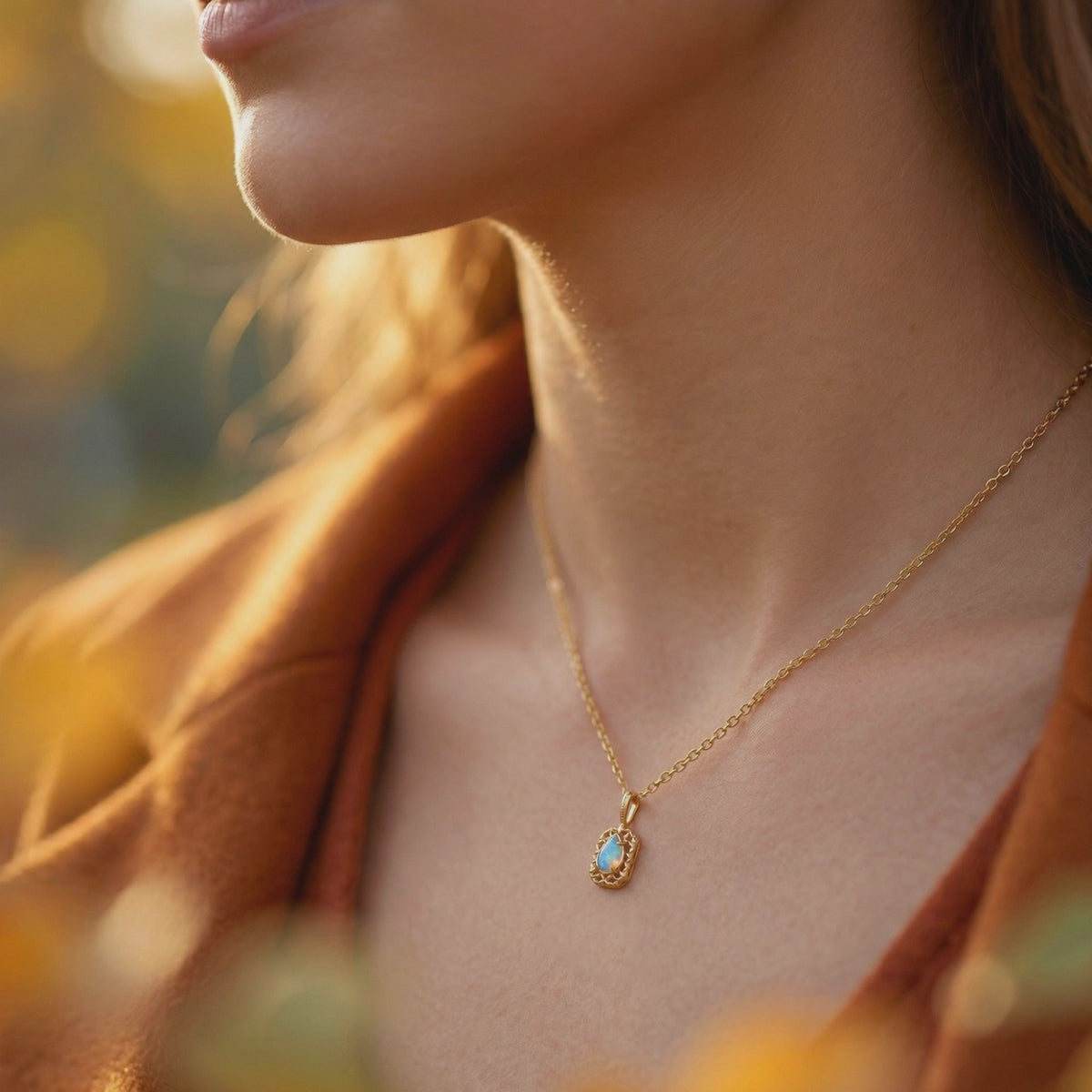 Woman wearing a solid gold necklace with a pear-shaped opal pendant.