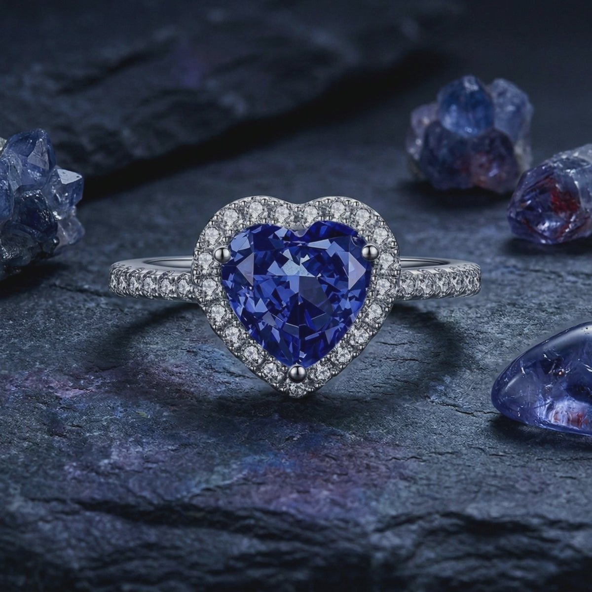 Front view of a heart-shaped tanzanite halo ring in solid white gold on a dark textured surface.