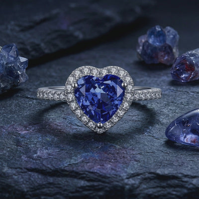 Front view of a heart-shaped tanzanite halo ring in solid white gold on a dark textured surface.
