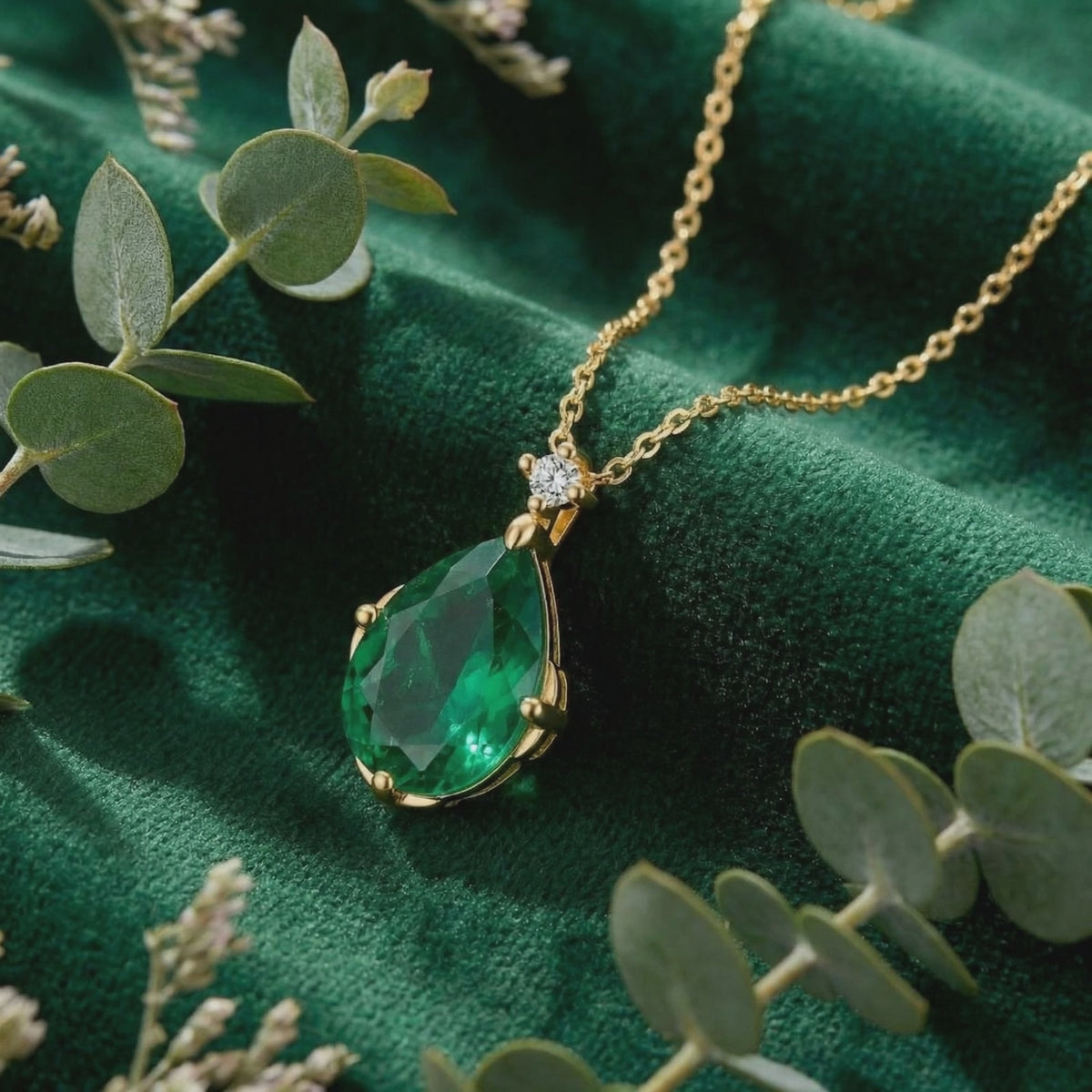 Solid gold necklace with pear-cut simulated emerald.