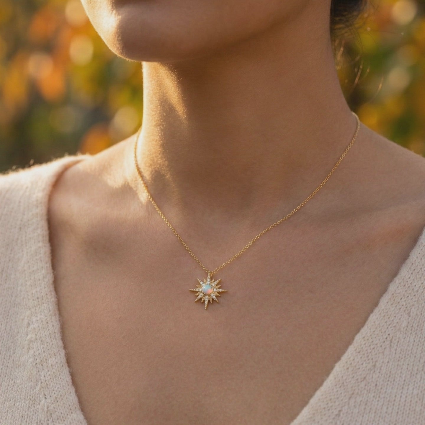 Solid gold Astralia necklace with natural white opal pendant.
