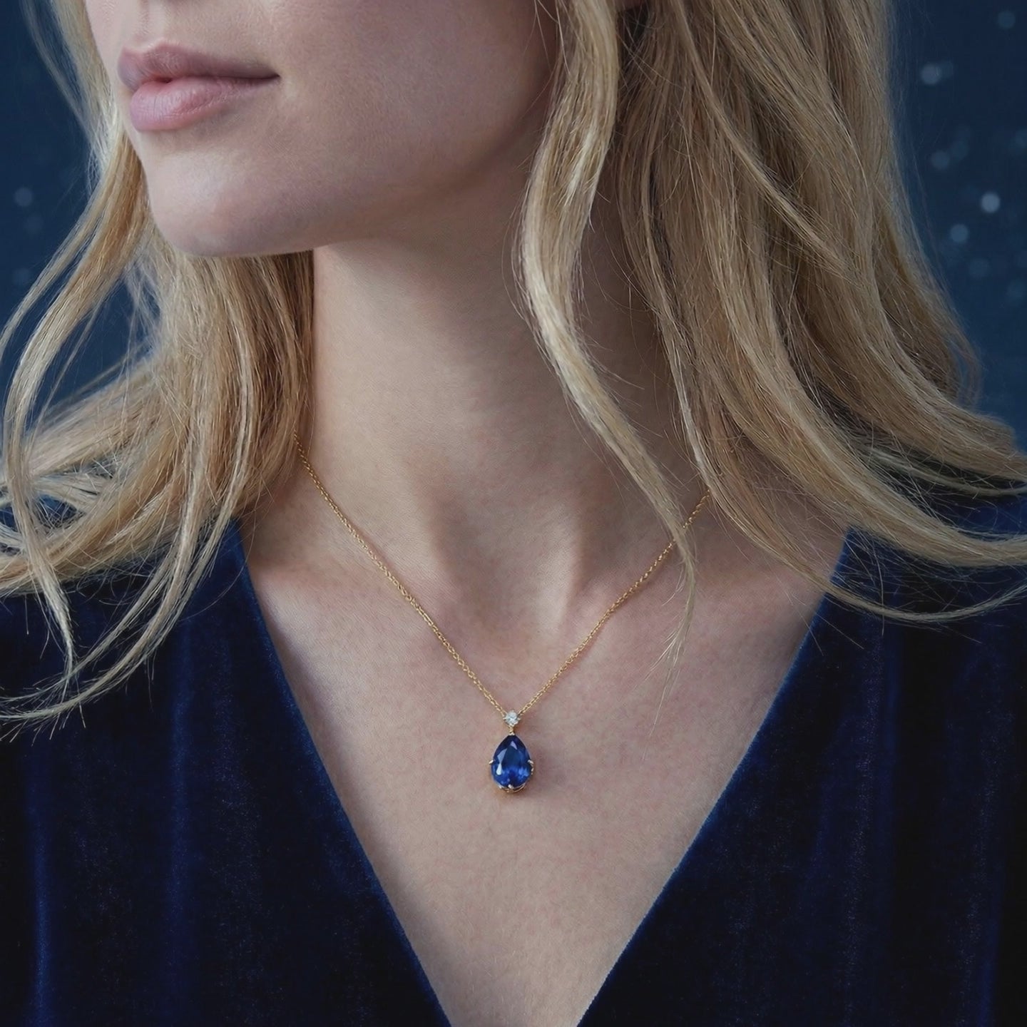 Mariselle Pear simulated sapphire necklace in solid gold.