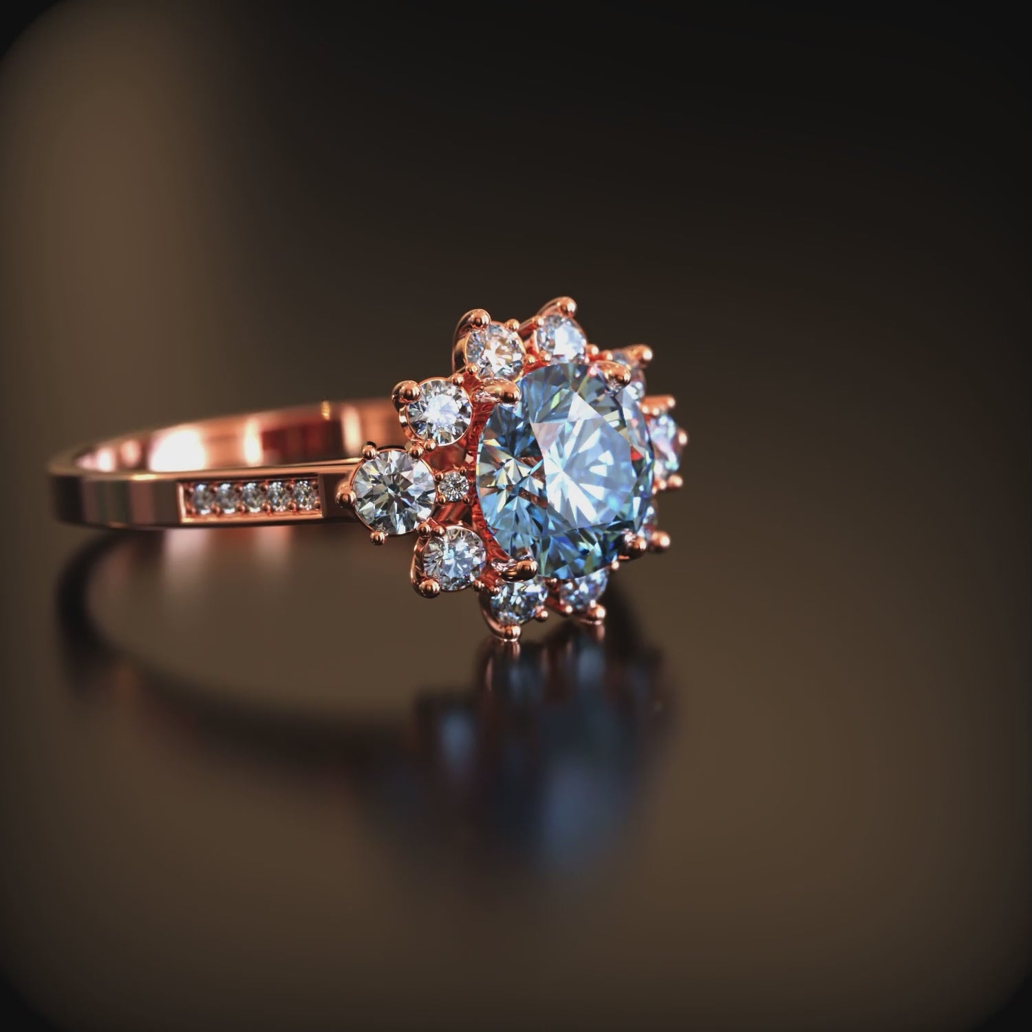 A ring with a blue moissanite center stone and halo in solid gold.