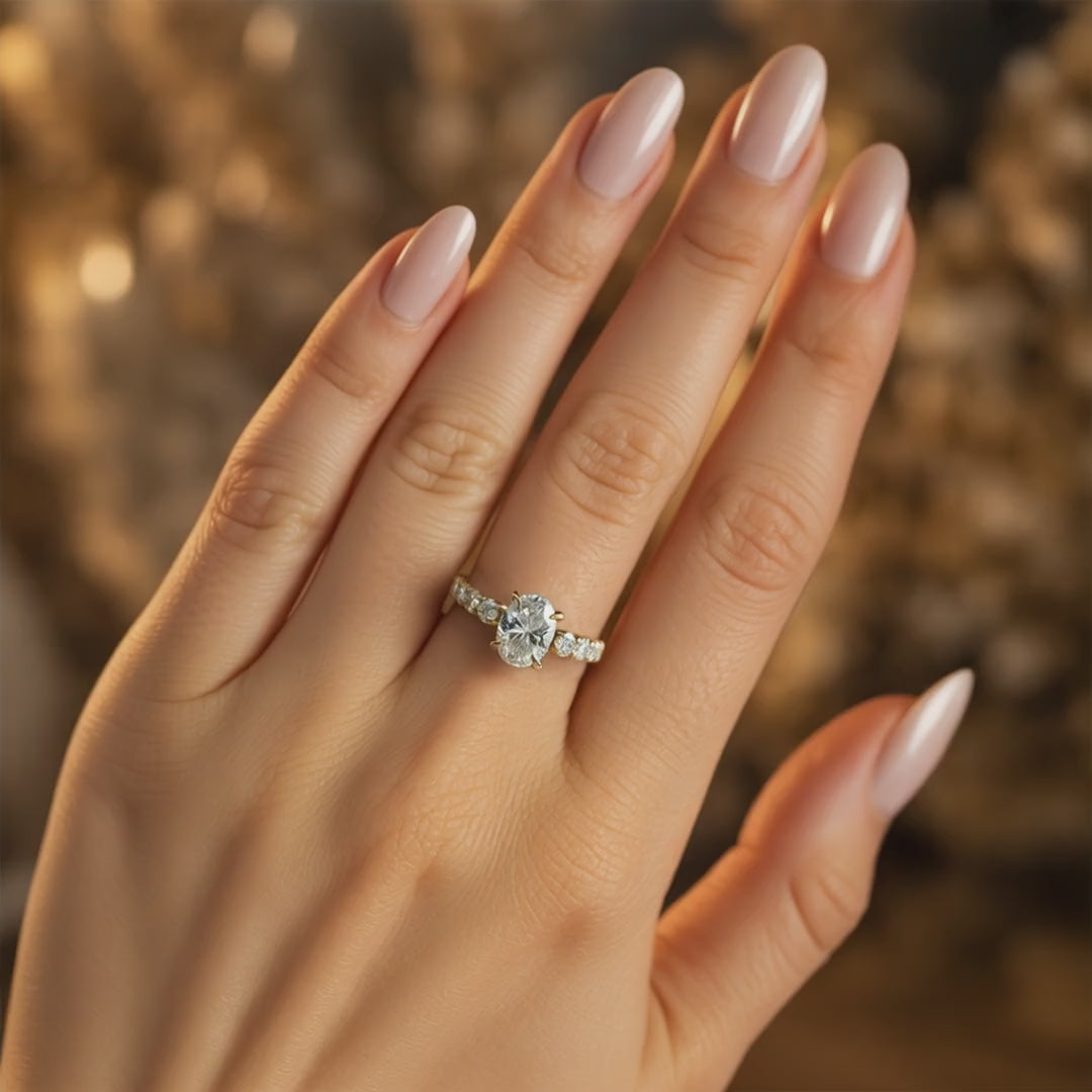 The Celestine 2 carat oval moissanite ring in solid gold.