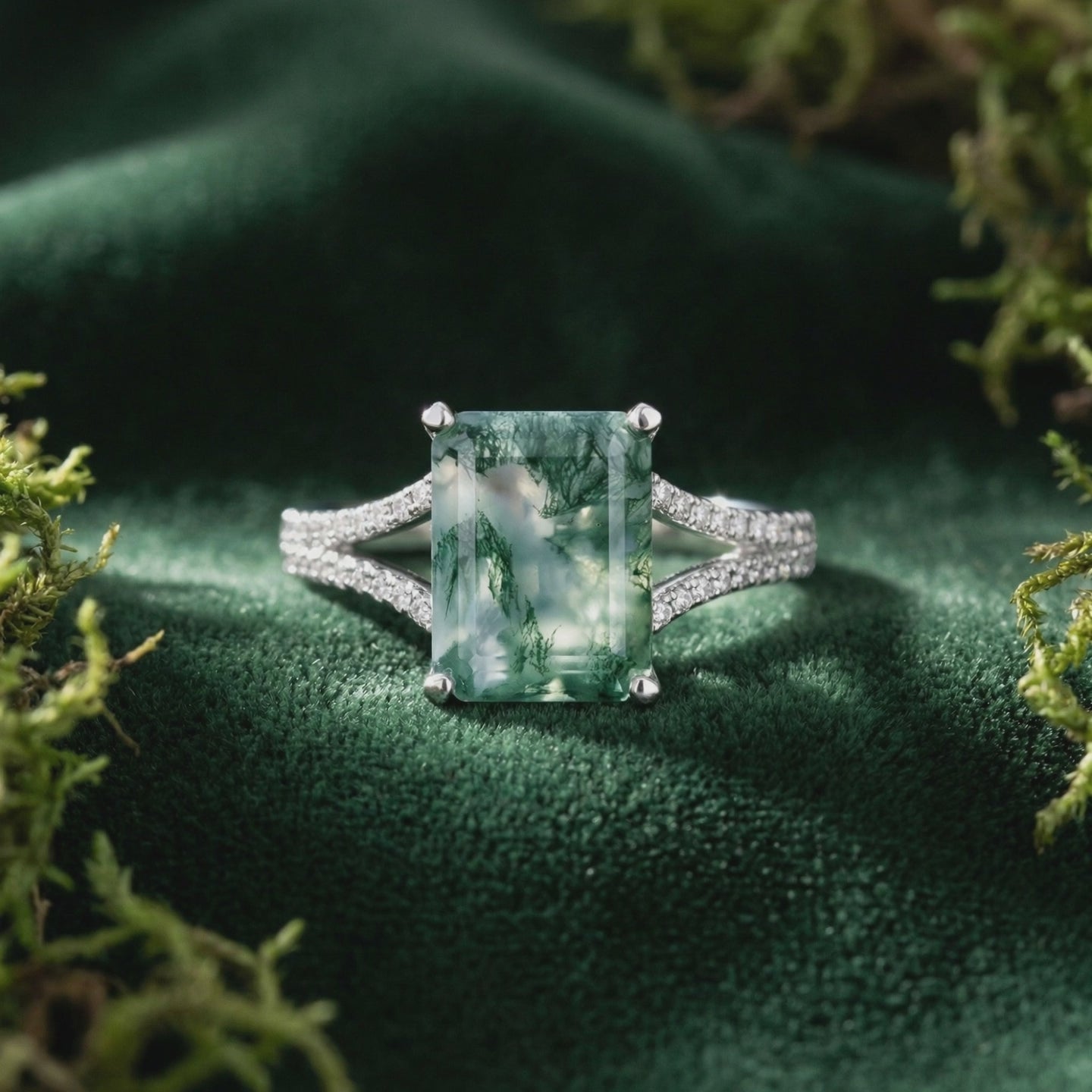 A solid gold ring with a natural moss agate gemstone and moissanite accents.