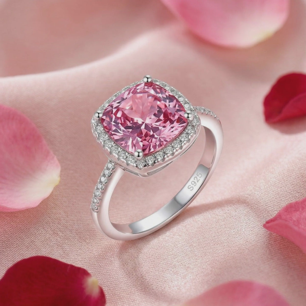 Simulated Pink Tourmaline halo ring in solid gold.