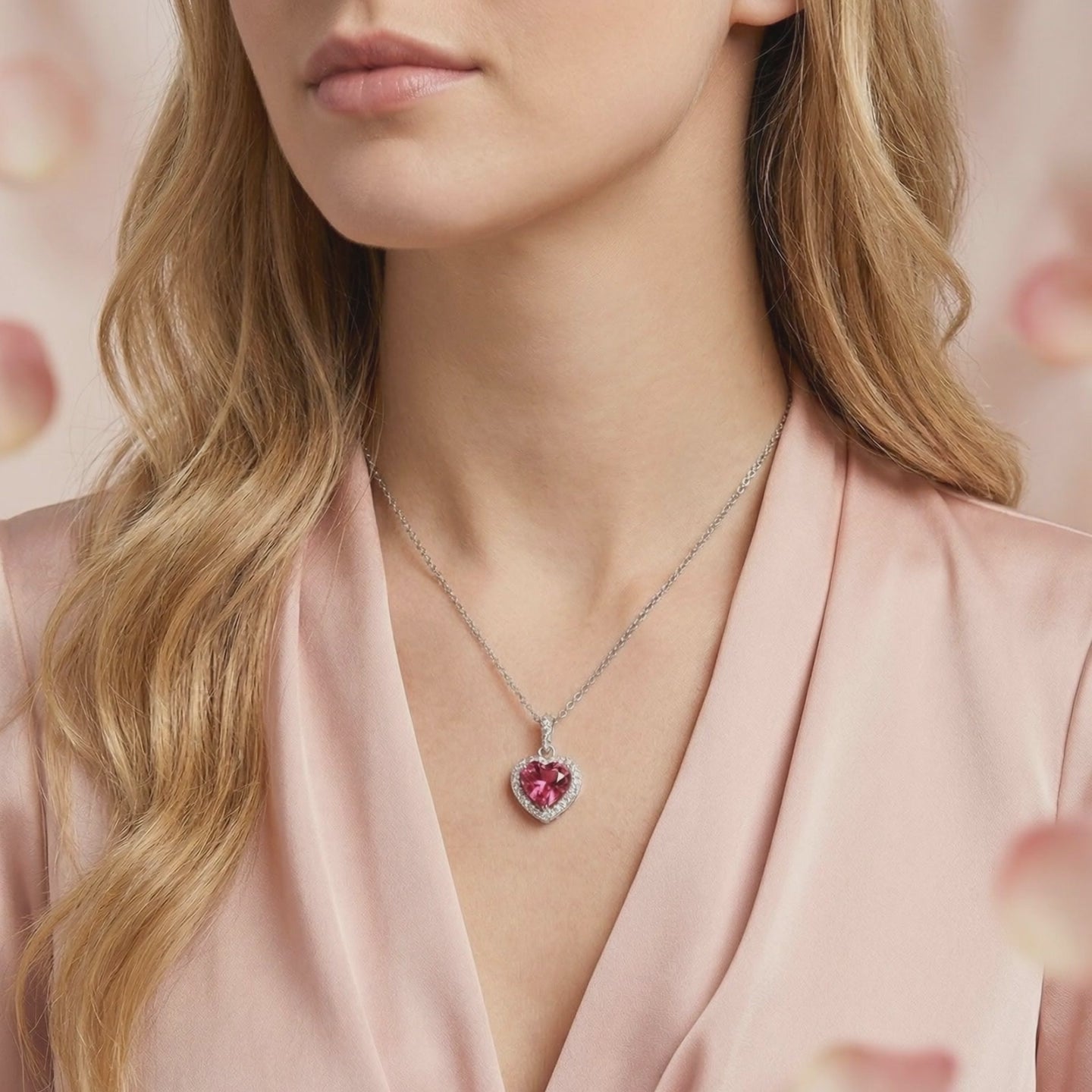 A solid gold necklace with a heart-cut simulated pink tourmaline pendant.