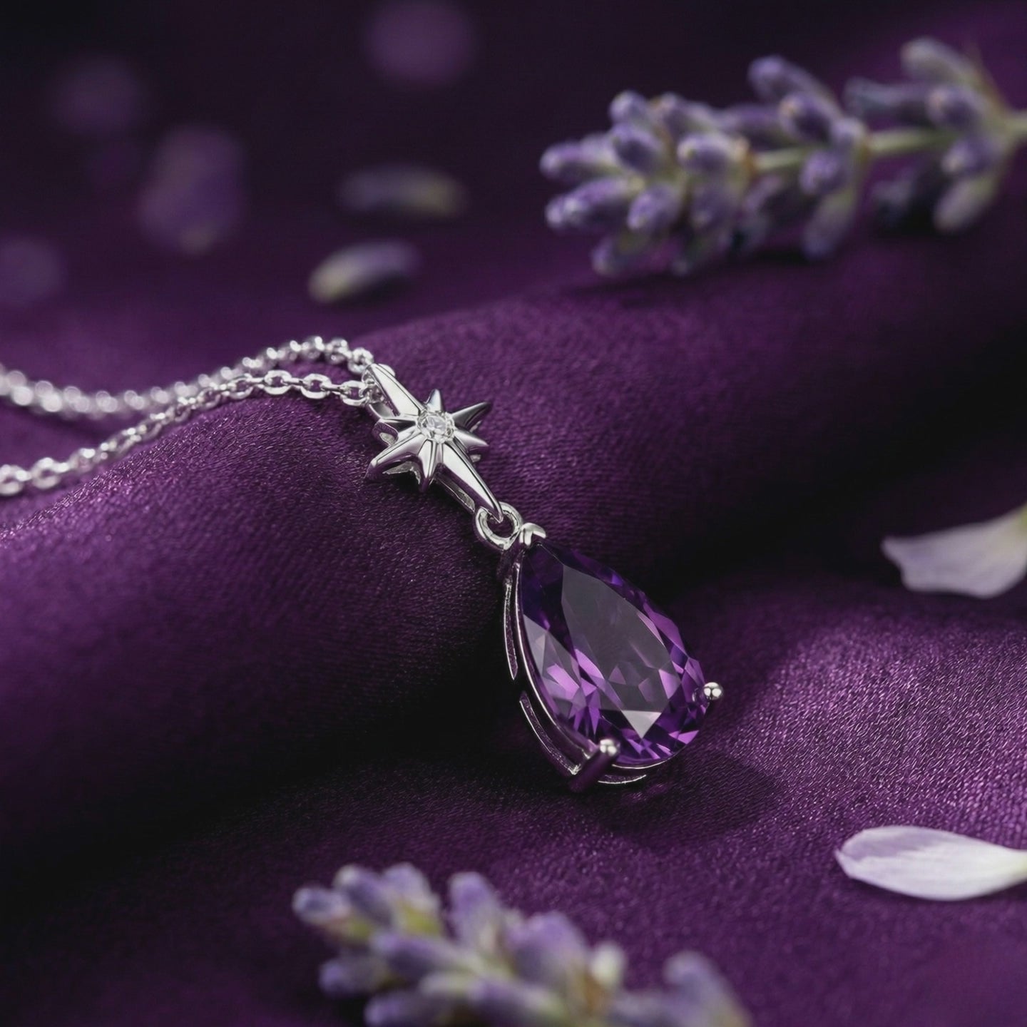 A necklace with a pear-cut amethyst pendant in solid gold.