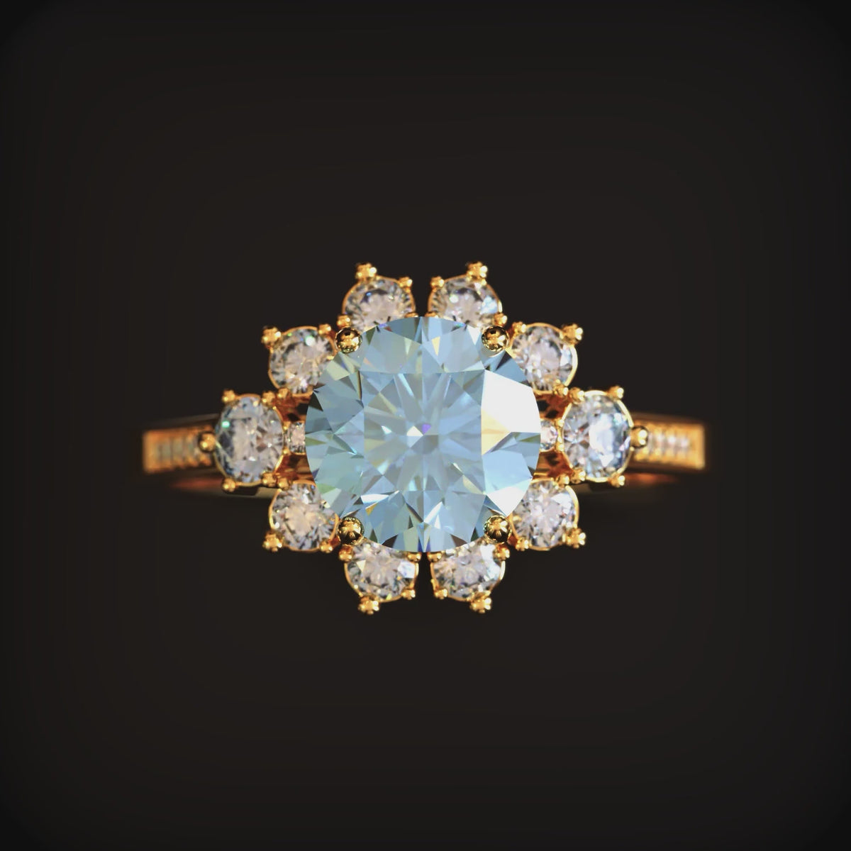 The Bethany 1.5 carat blue moissanite halo ring in solid gold.