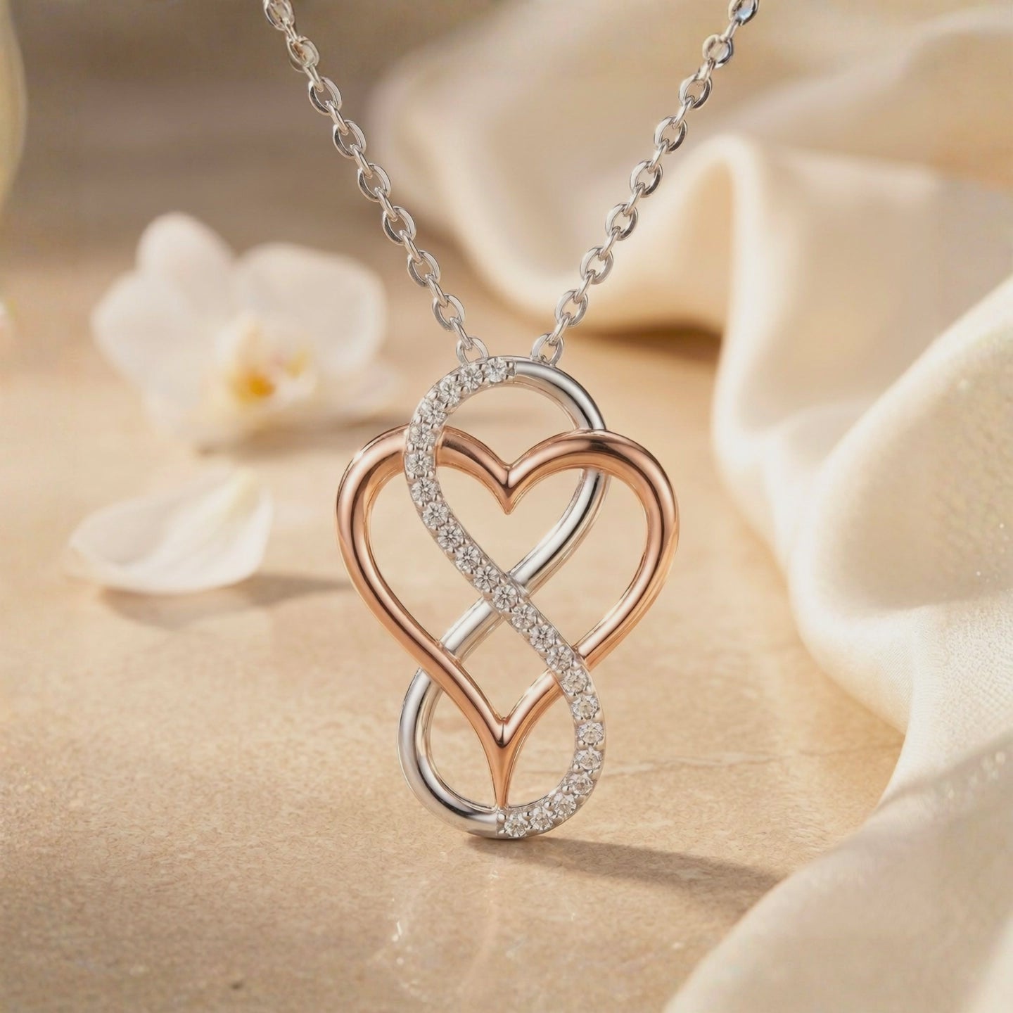 Awareness Avenue moissanite infinity heart solid gold necklace.