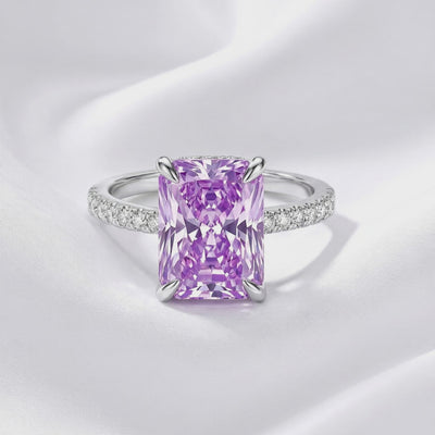 Radiant cut purple simulated amethyst ring in solid white gold displaying high-impact brilliance.