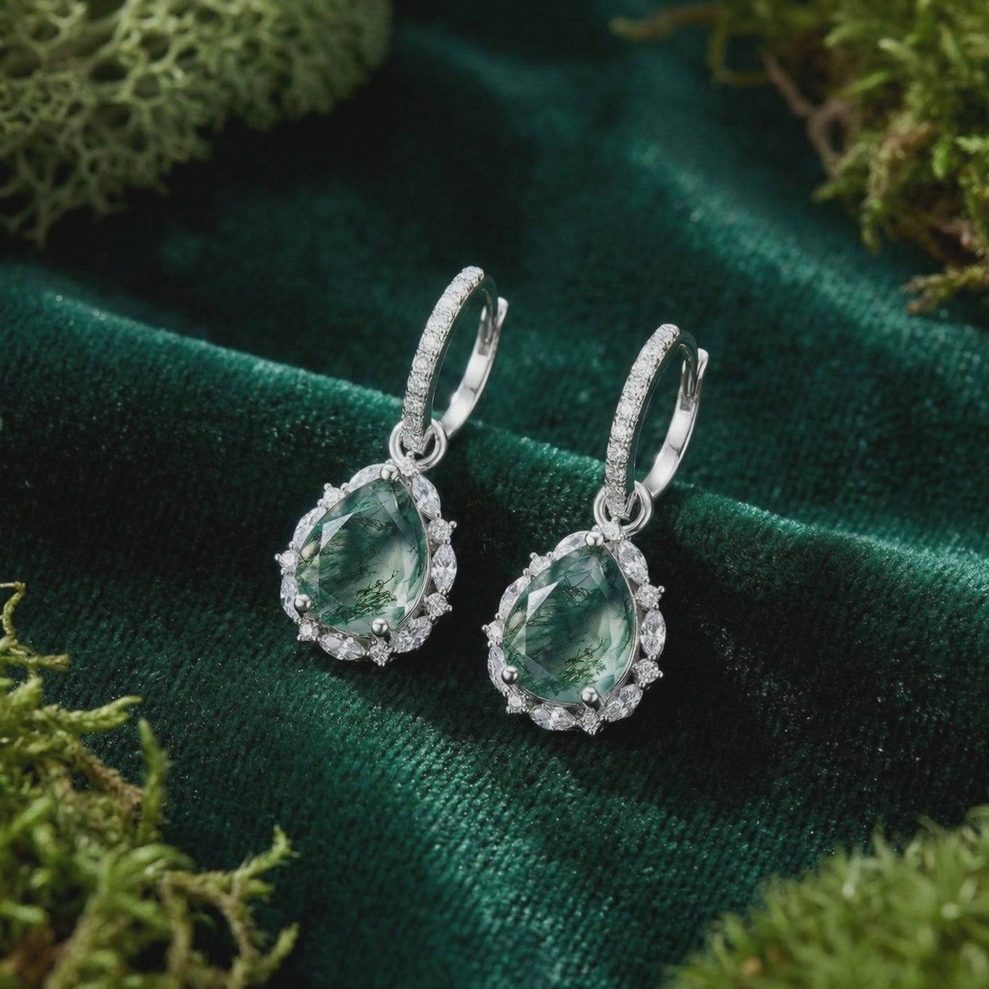 Teardrop Moss Agate leverback earrings in solid gold.