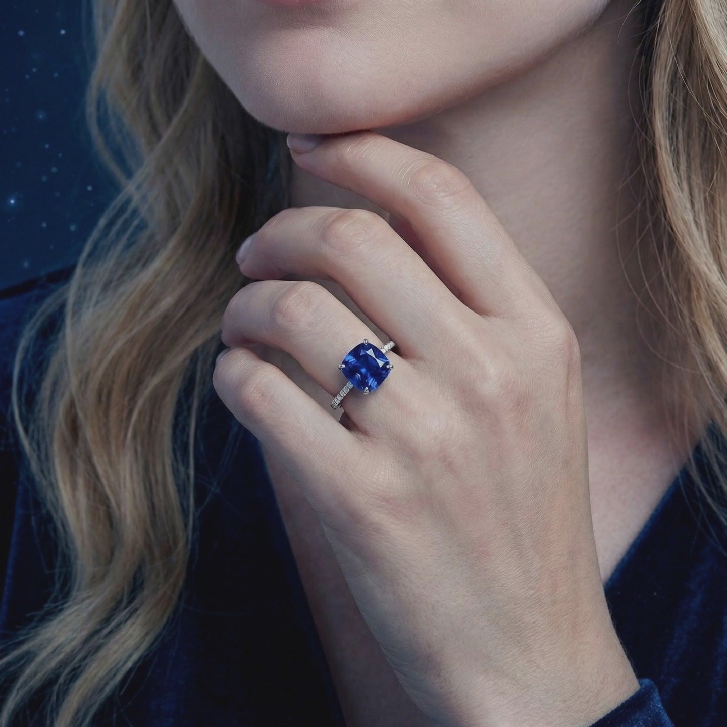 Ring with a cushion-cut blue simulated sapphire and solid white gold band.
