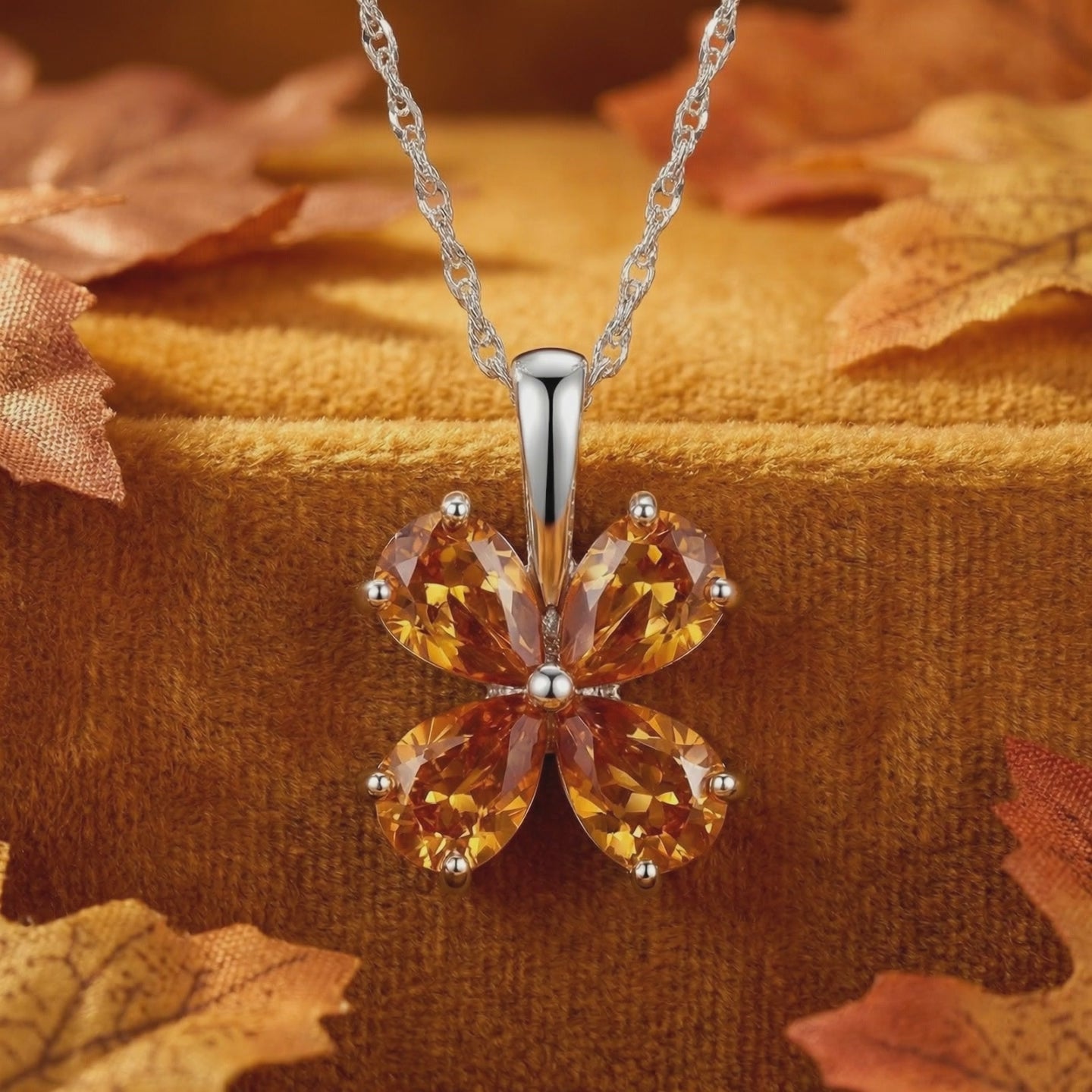 Floral simulated topaz necklace in solid white gold.
