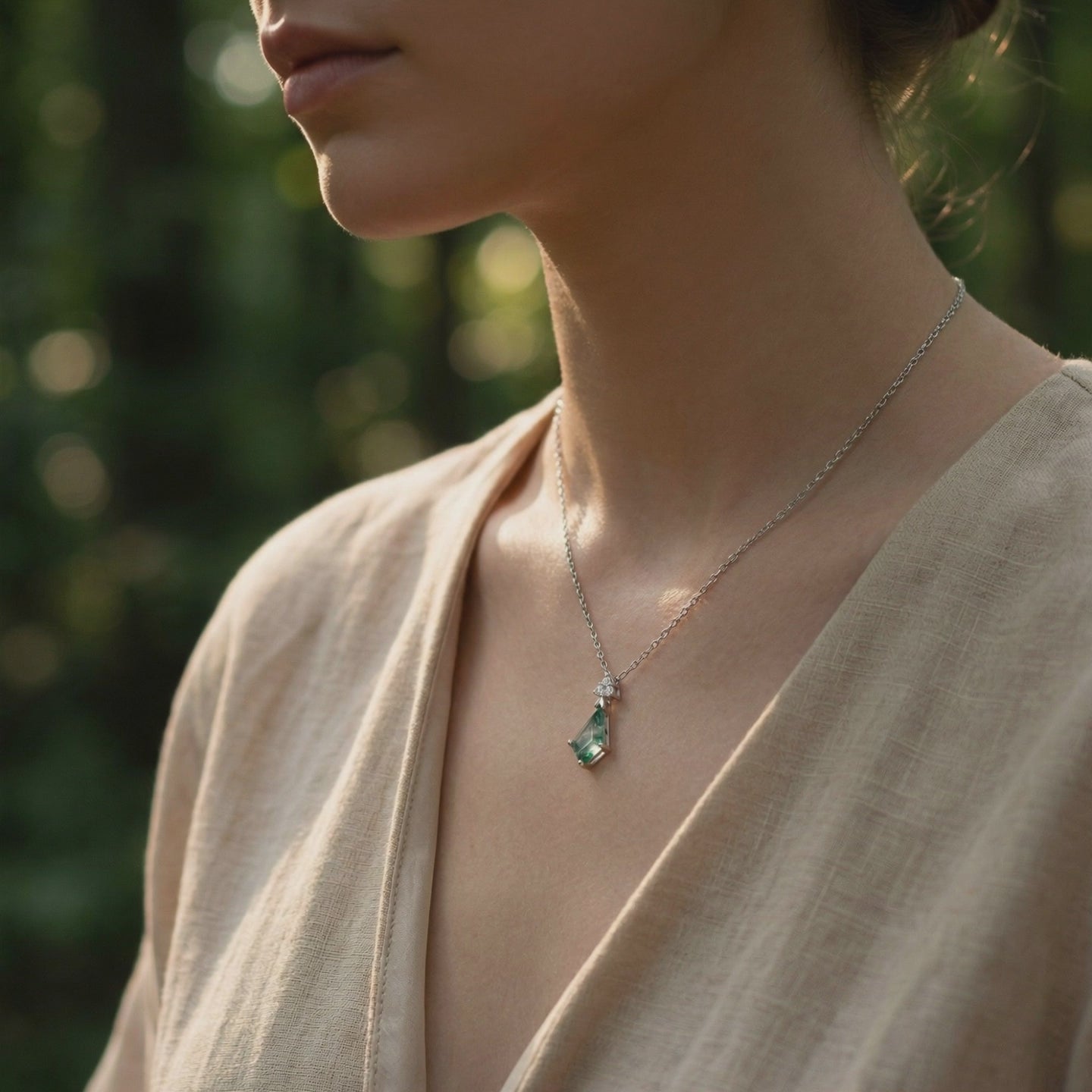 Model wearing a trillion-cut natural moss agate pendant necklace in solid white gold in soft natural light.