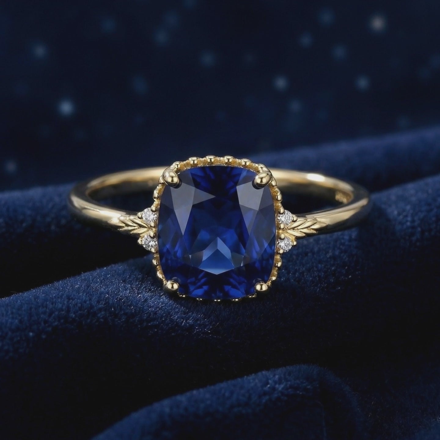 The Arisara cushion cut simulated sapphire ring in solid gold.
