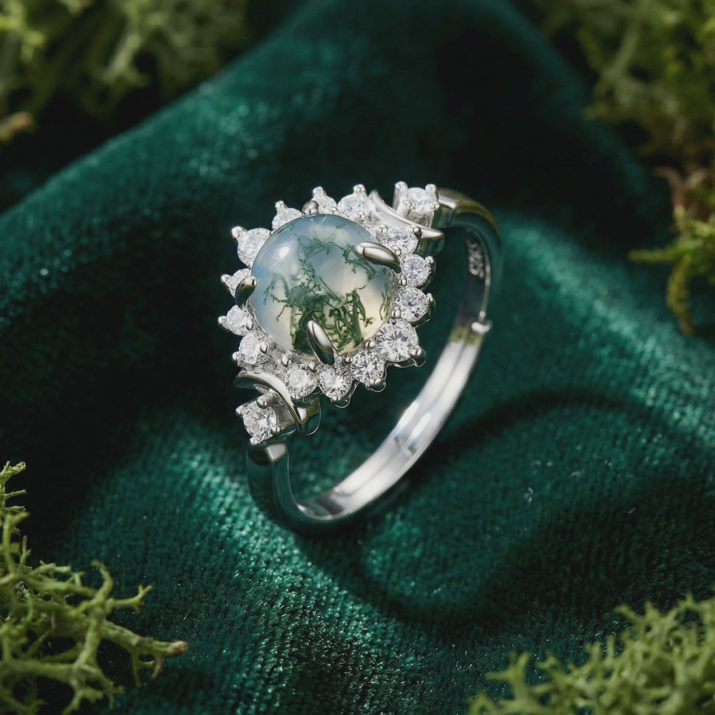 Natural moss agate floral halo ring in solid white gold.