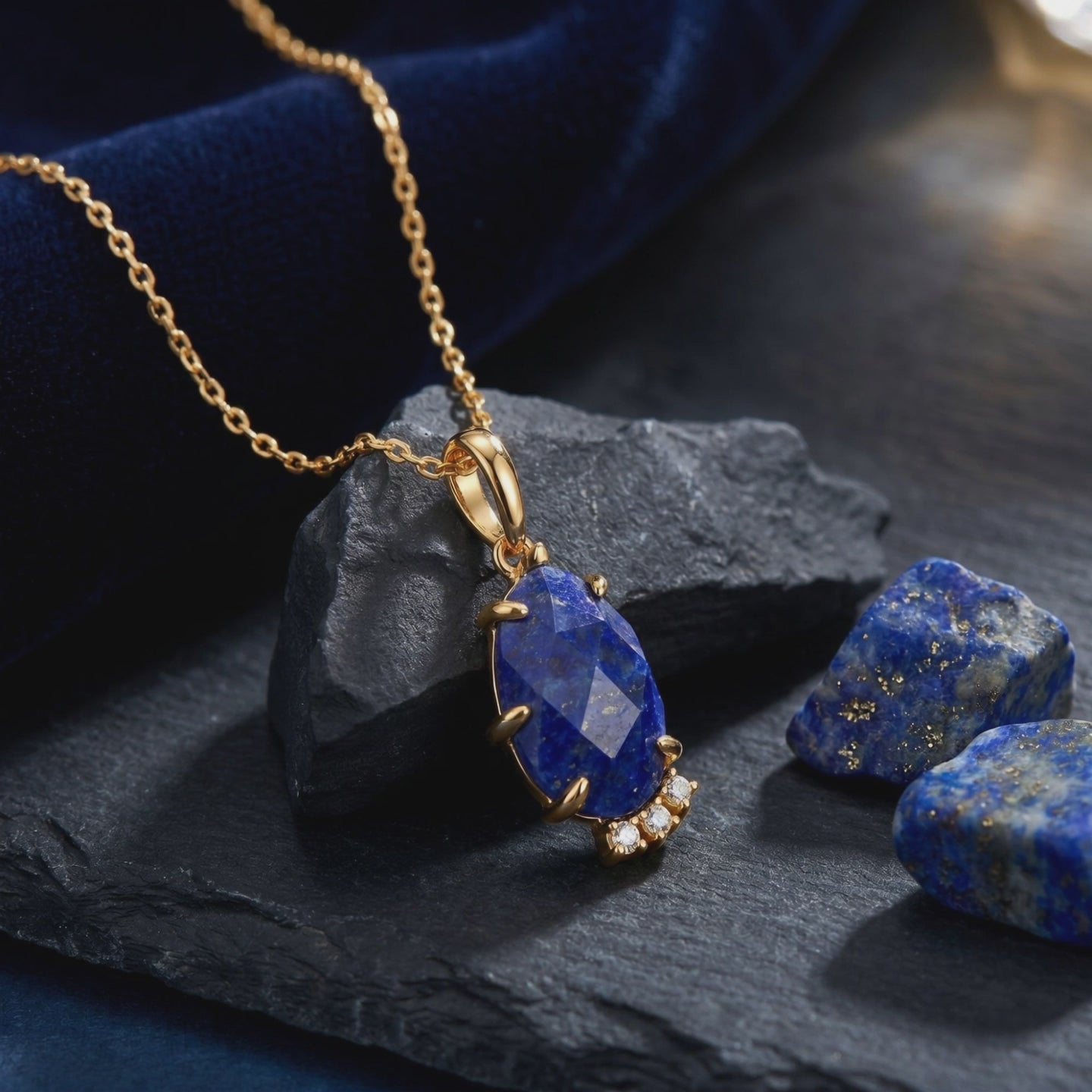 Maia pear natural lapis lazuli pendant necklace in solid gold.