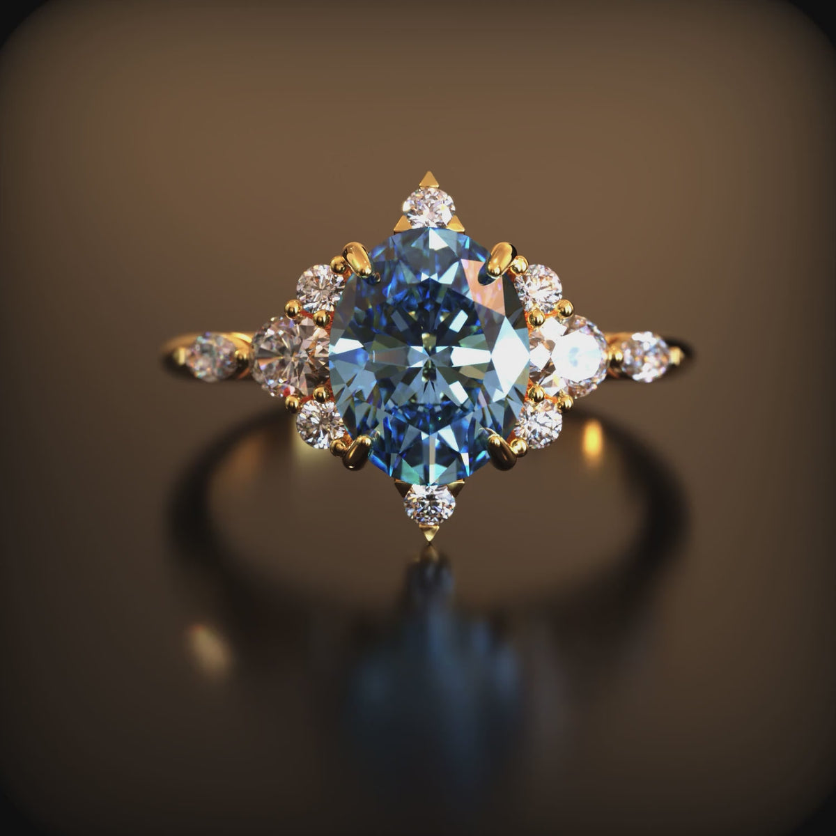 Video of The Carlotta 2 carat oval blue moissanite ring in solid gold, with clear side stones.