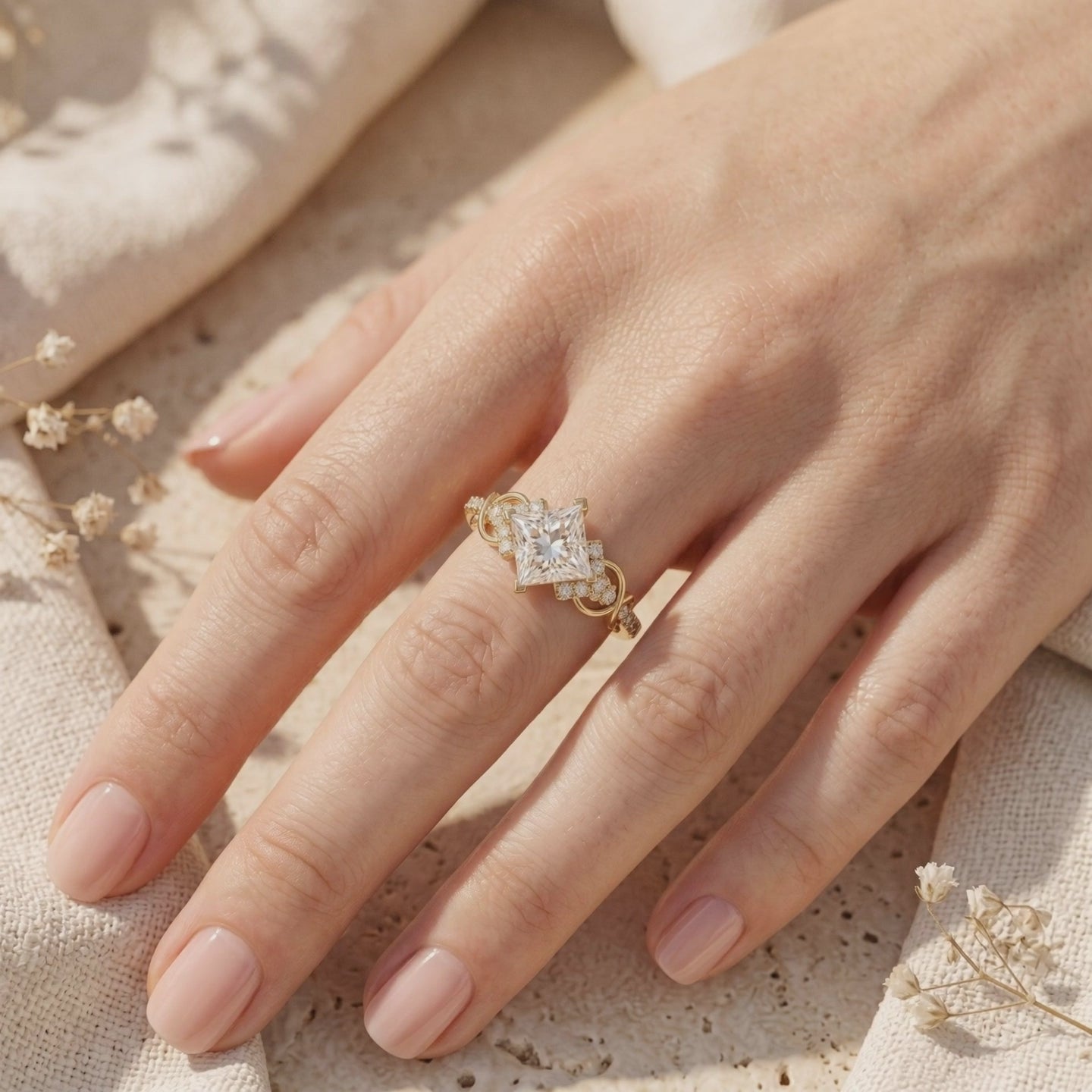 Kite-set princess-cut moissanite ring with an accent-studded solid gold band worn on a finger.