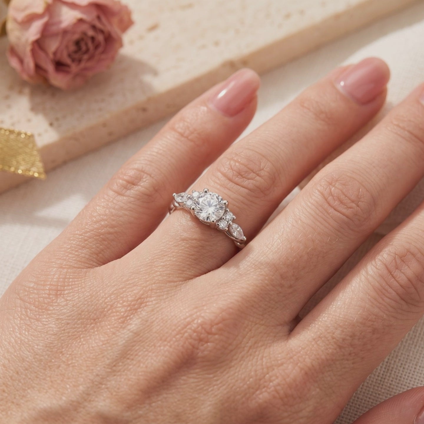 The Carlotta solid gold ring with simulated diamonds worn on a finger.