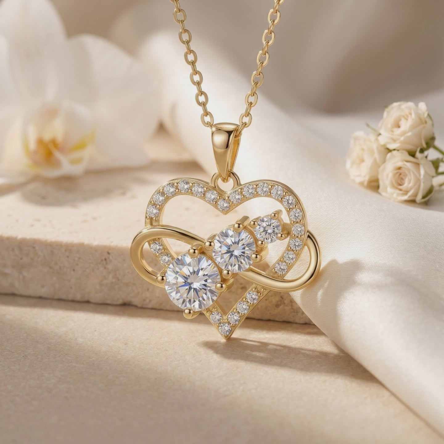 Aureliette moissanite heart infinity gold necklace.