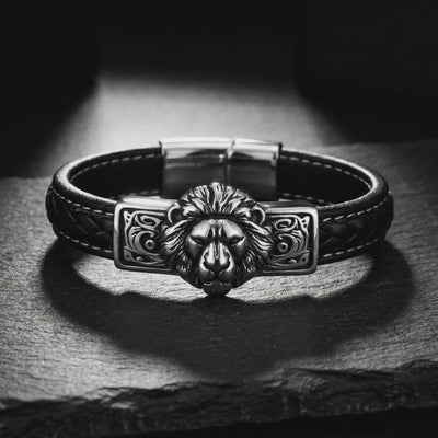 Men's Black Leather Lion Bracelet – 316L Stainless Steel – Gift