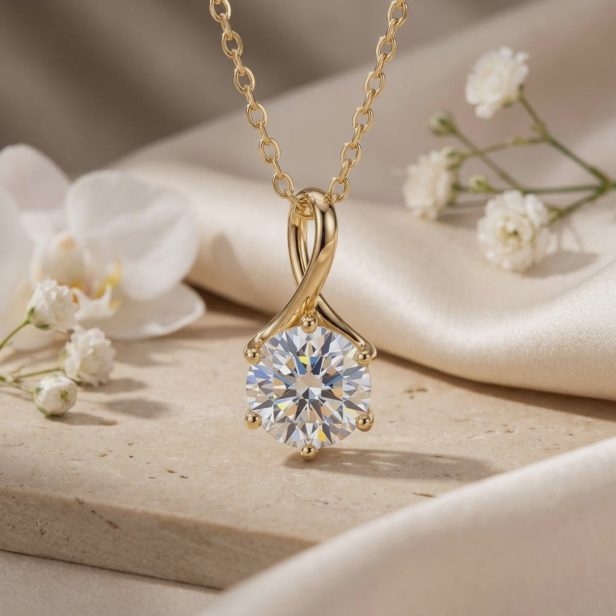 The Lylianne moissanite pendant necklace in solid gold with a twisted loop pendant and round clear stone displayed among white flowers.