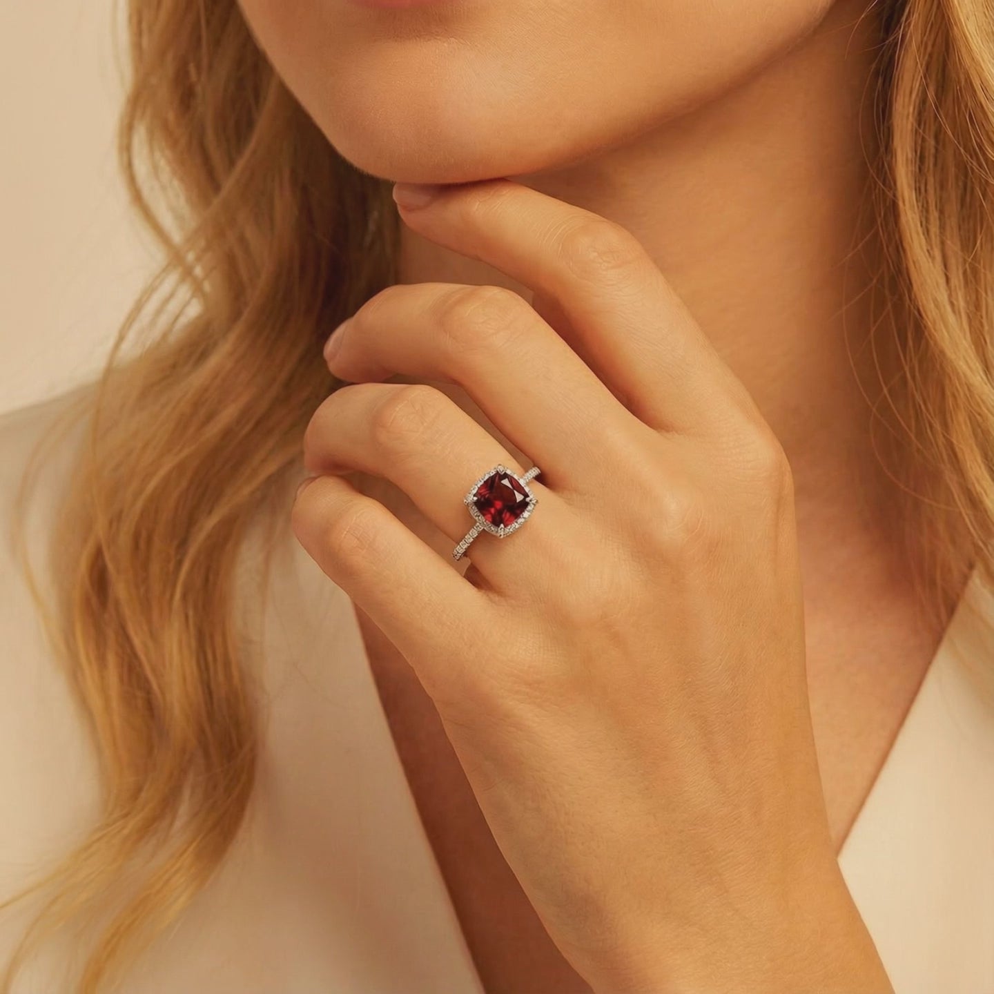 Auretta simulated garnet ring in solid gold.