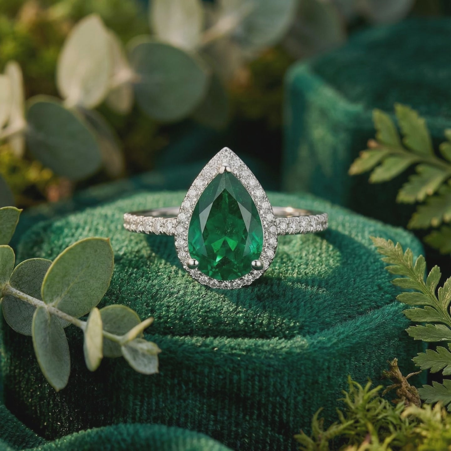 A solid gold ring with a pear-cut simulated emerald.