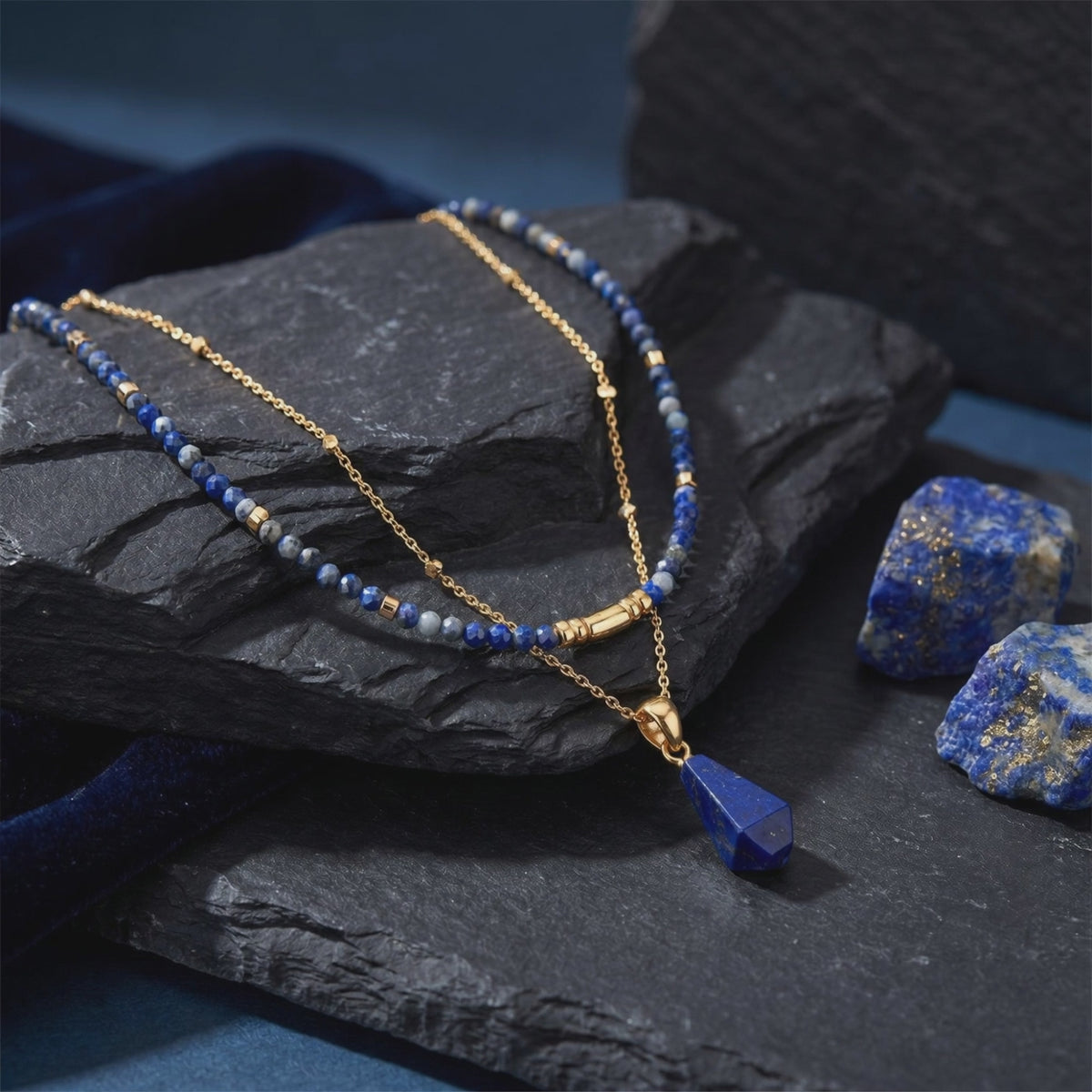 Solid gold necklace with natural lapis lazuli pendant and beads.