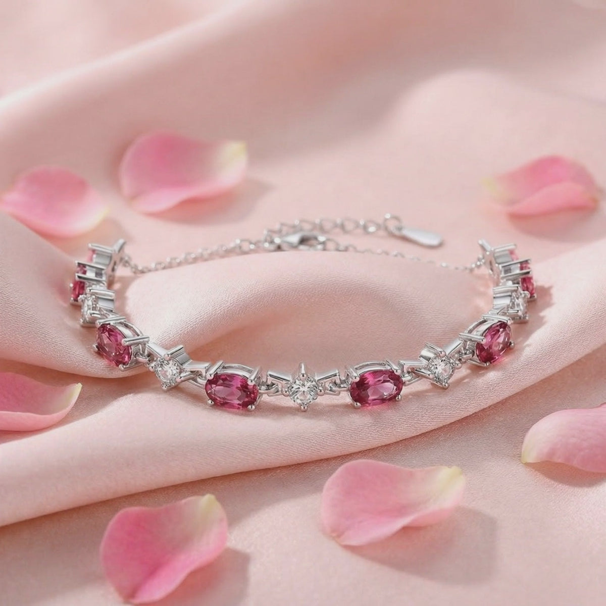 Solid white gold bracelet with oval simulated pink tourmaline and round clear accents on pink fabric, with extender chain visible.