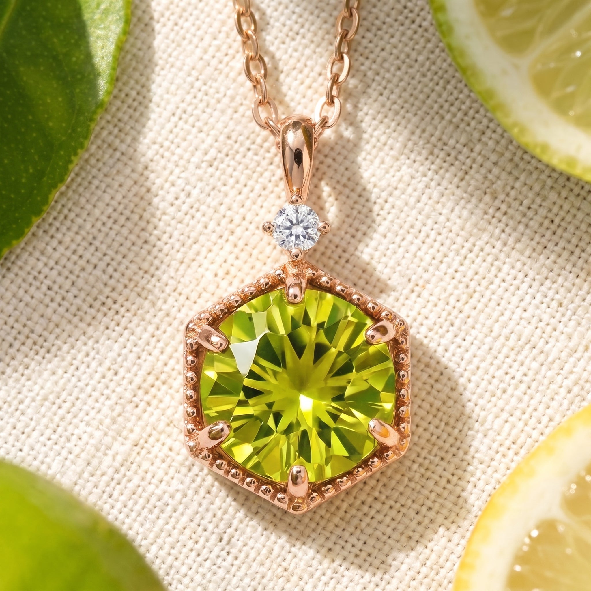 The Belenis Hex necklace in solid rose gold with a hexagonal simulated peridot.