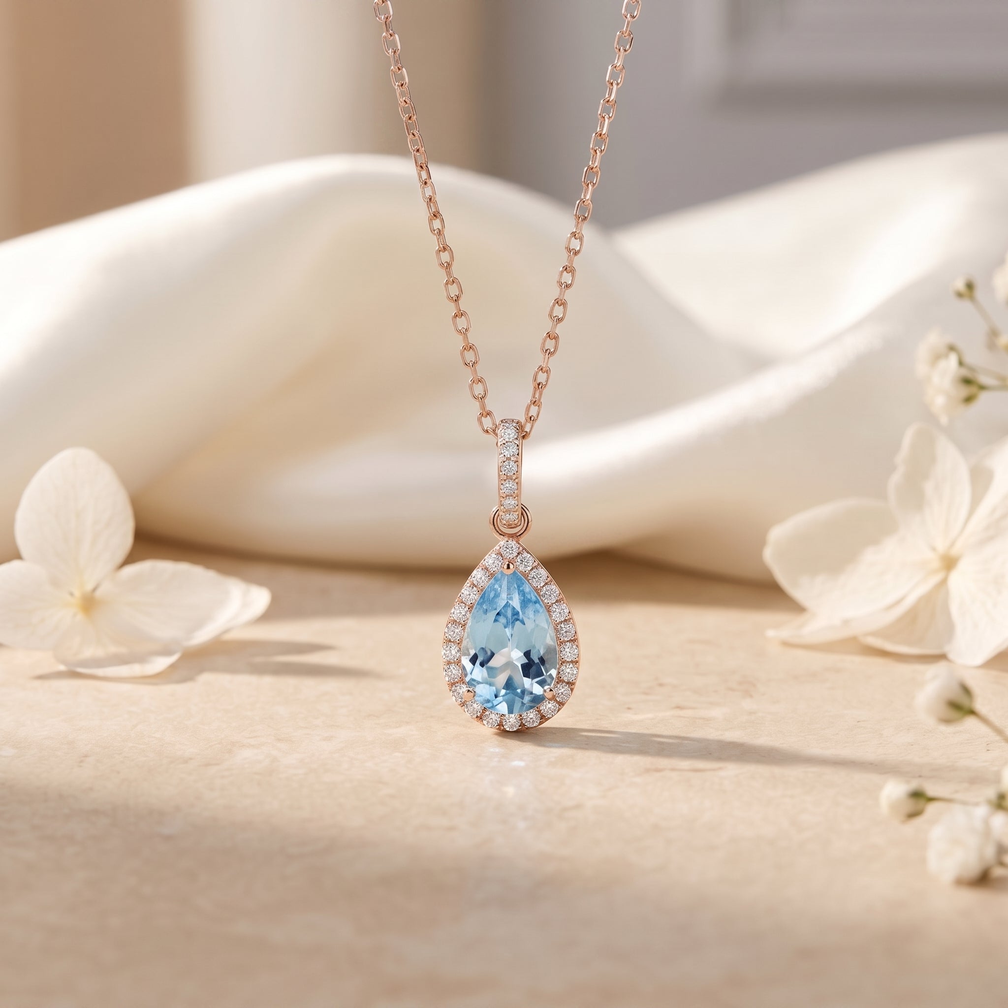 the-caladora-halo-aquamarine-necklace in rose gold finish