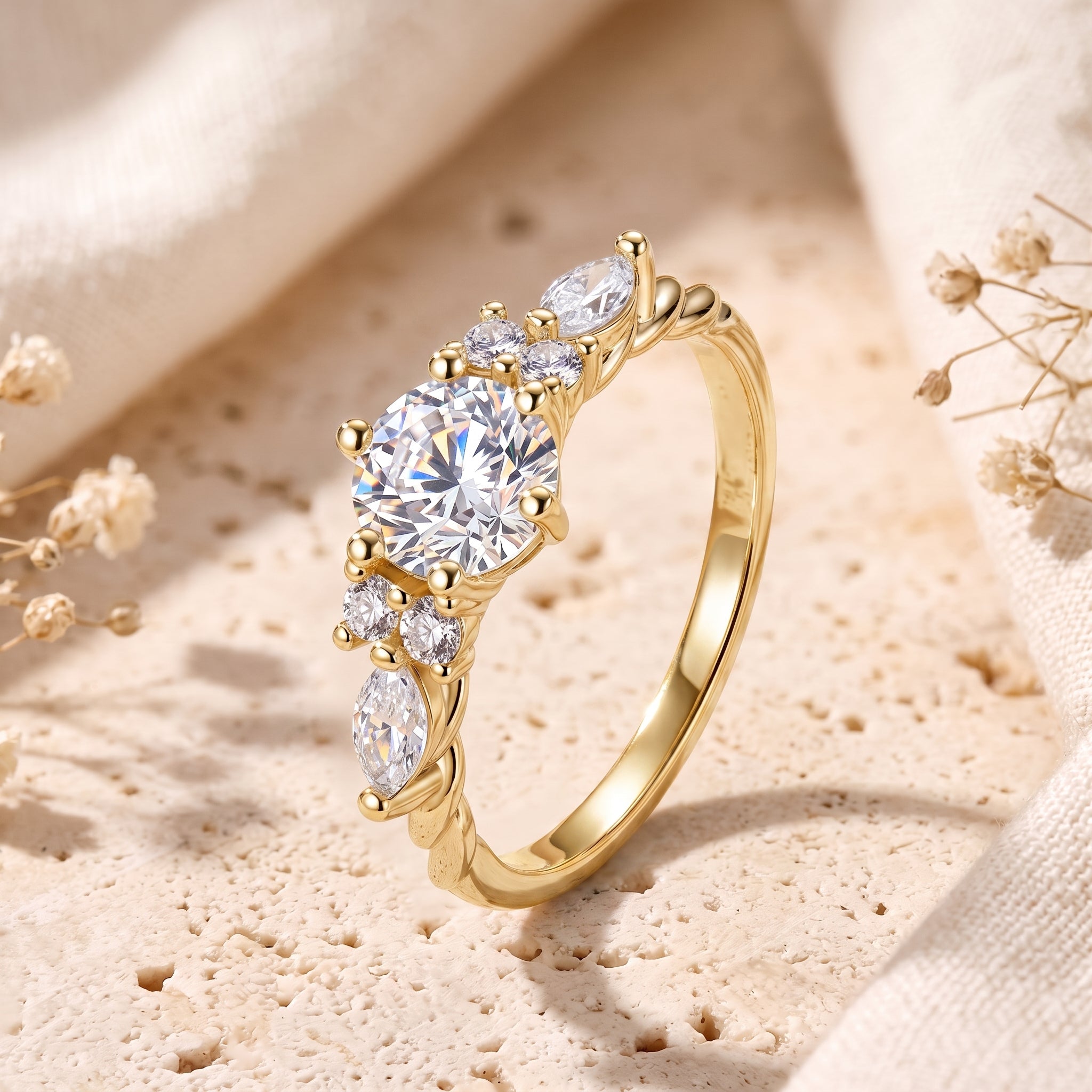 The Carlotta Ring in 14K or 18K Solid Yellow Gold with simulated diamonds.