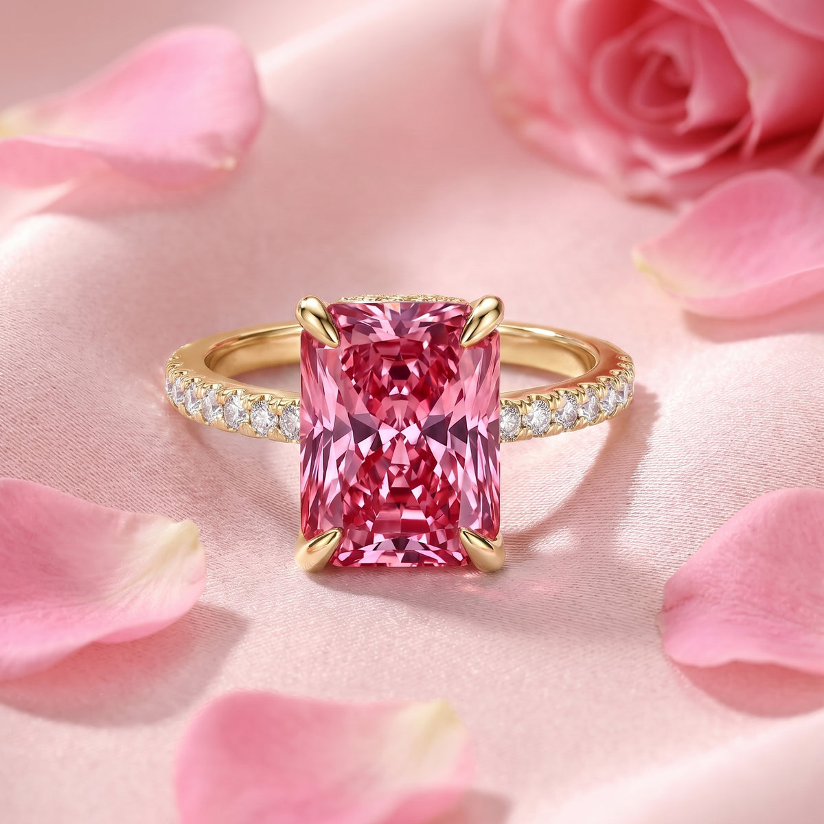 Radiant cut simulated pink tourmaline solid yellow gold ring.