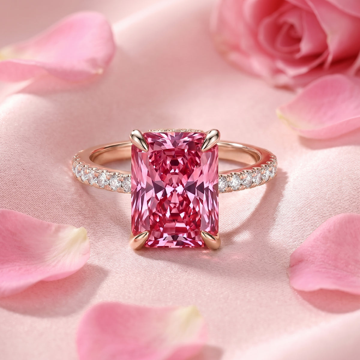 Radiant cut simulated pink tourmaline solid rose gold ring.