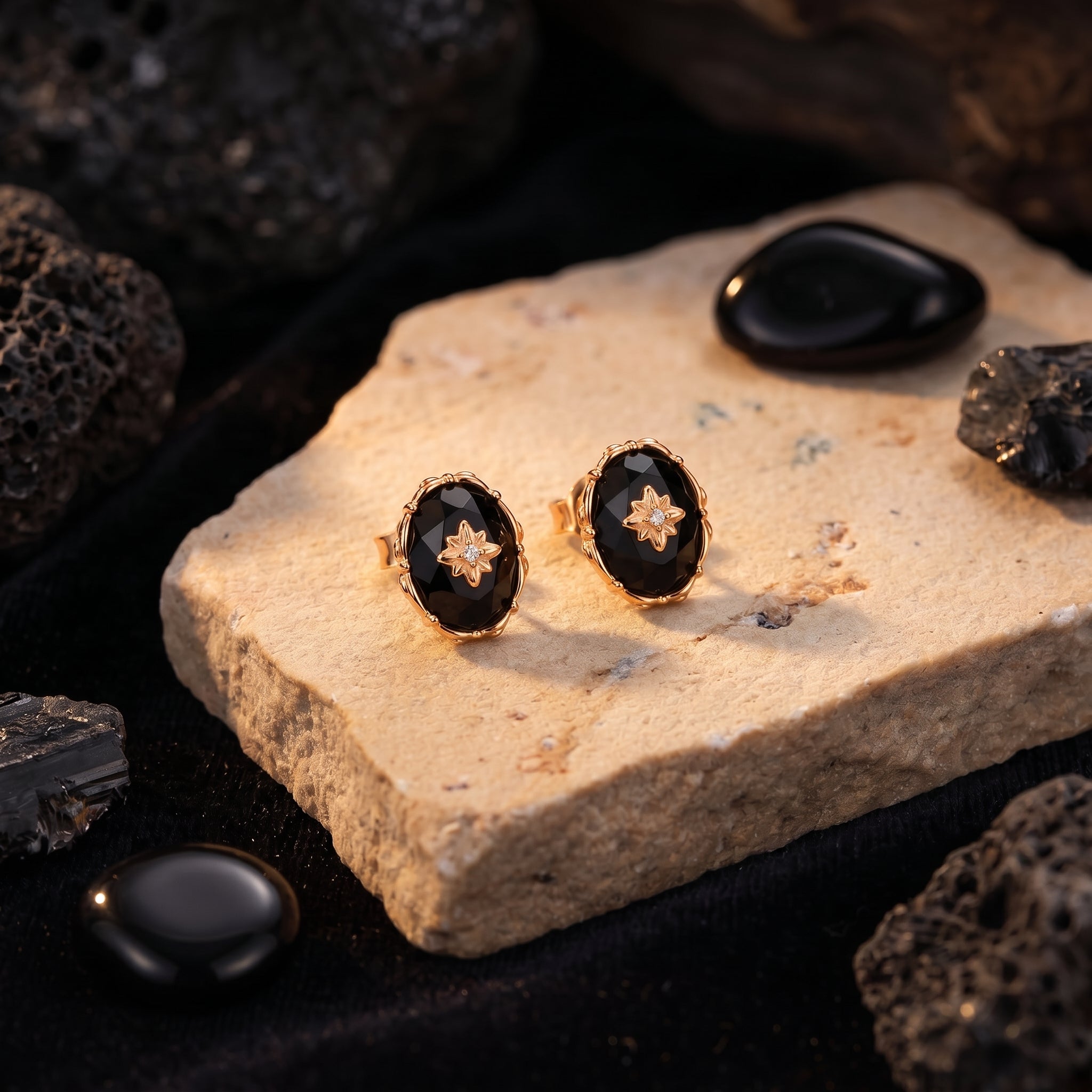 Nerezza black onyx drop earrings in solid rose gold.