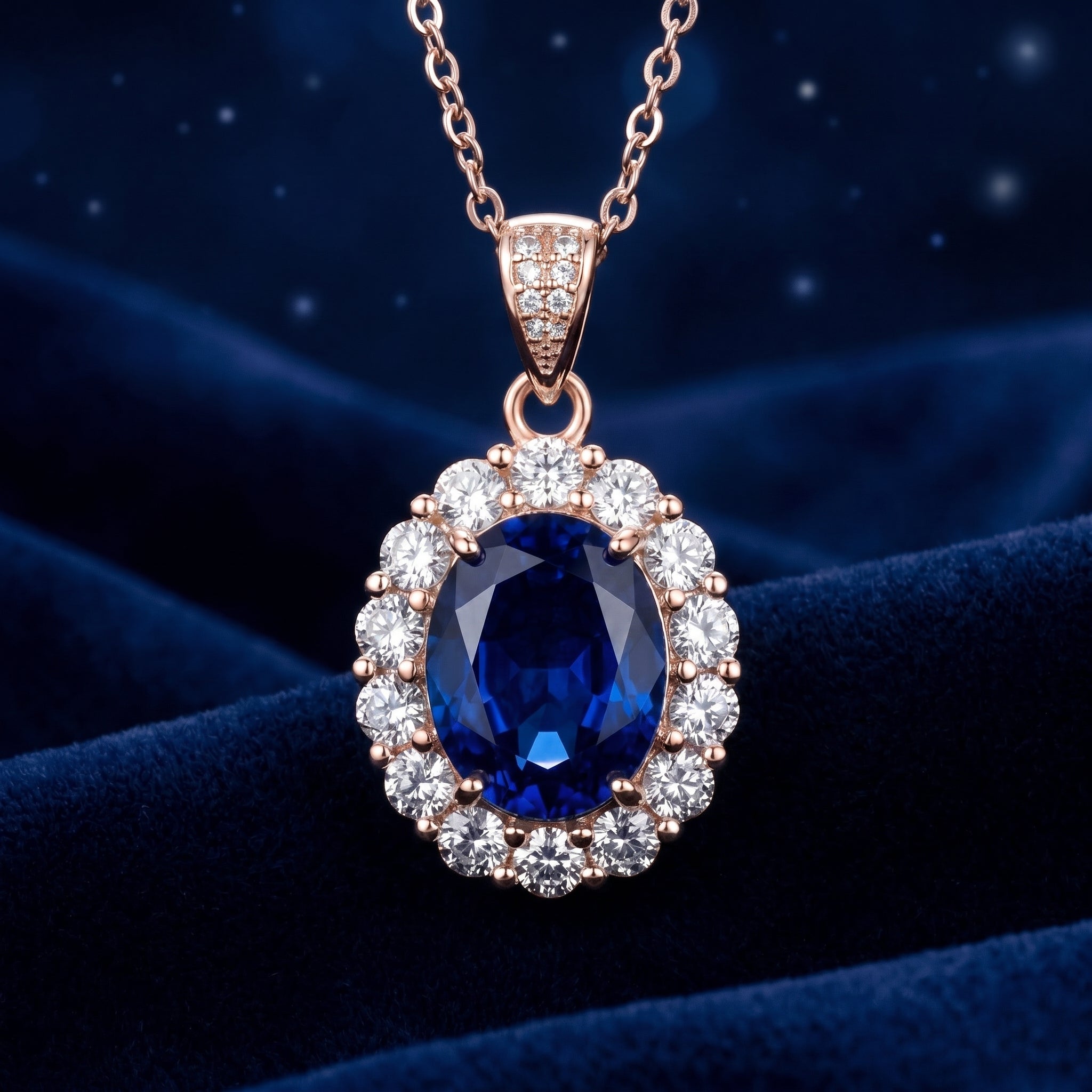 Serenara Halo simulated sapphire necklace in solid rose gold.