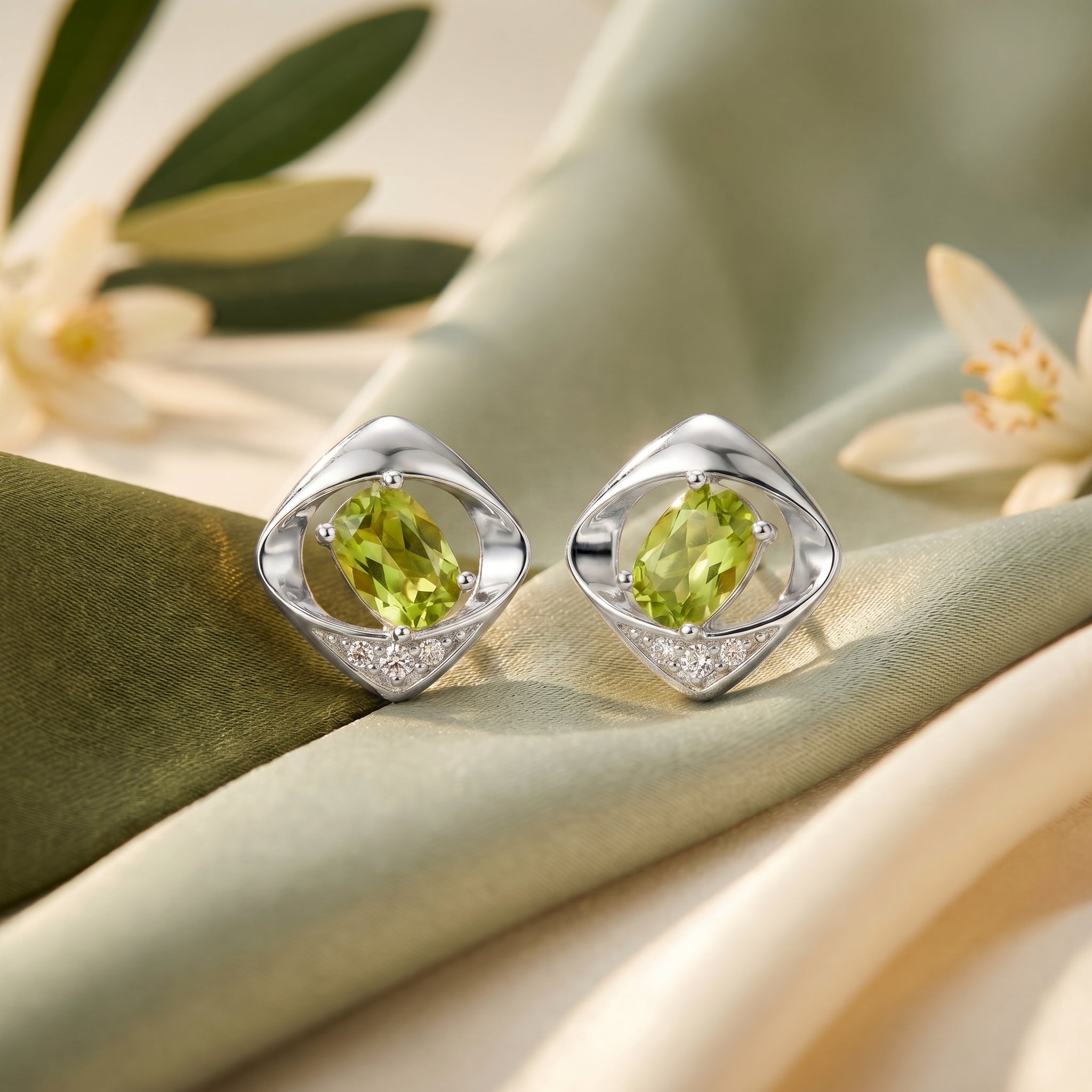 Peridot Oval Stud Earrings in 10K, 14K, or 18K Solid White Gold.