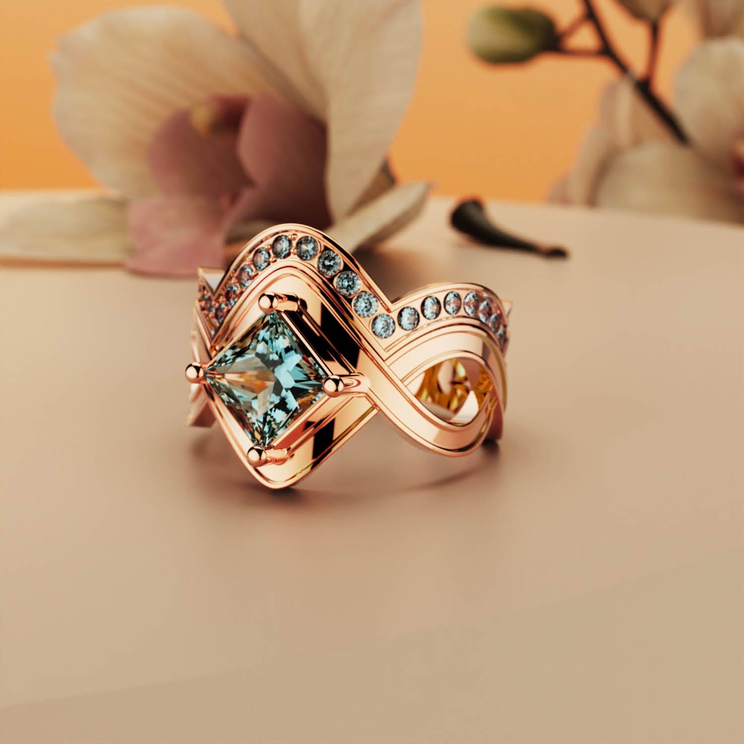 Aqua Elegance: Princess Cut 2 Piece Ring - 18K Rose Gold Vermeil