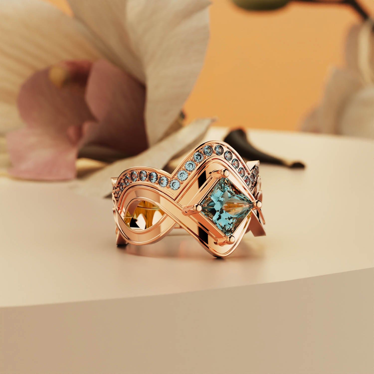 Aqua Elegance: anillo de dos piezas de corte princesa en oro vermeil rosa de 18 quilates