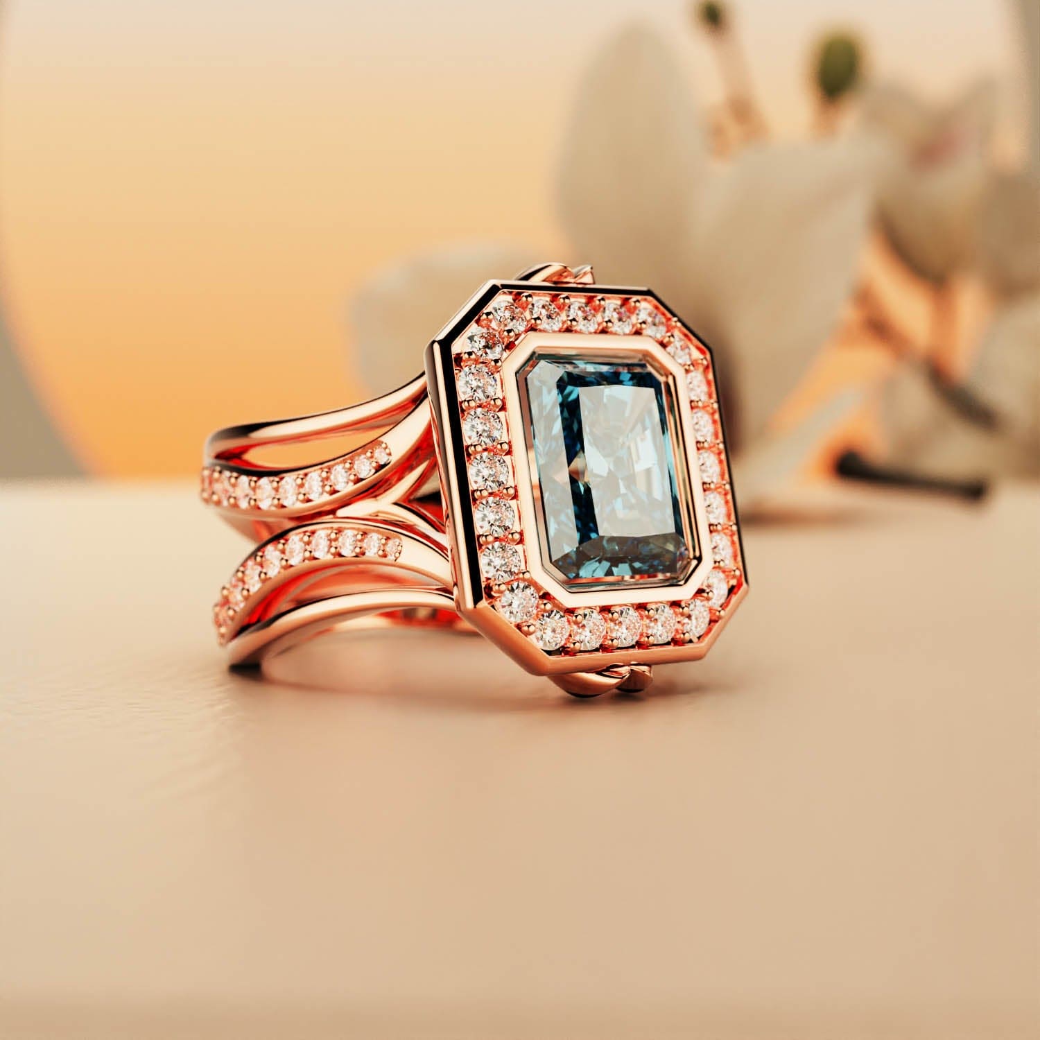 Elysian Glow: Emerald-Shaped Diamond Rose Gold Ring