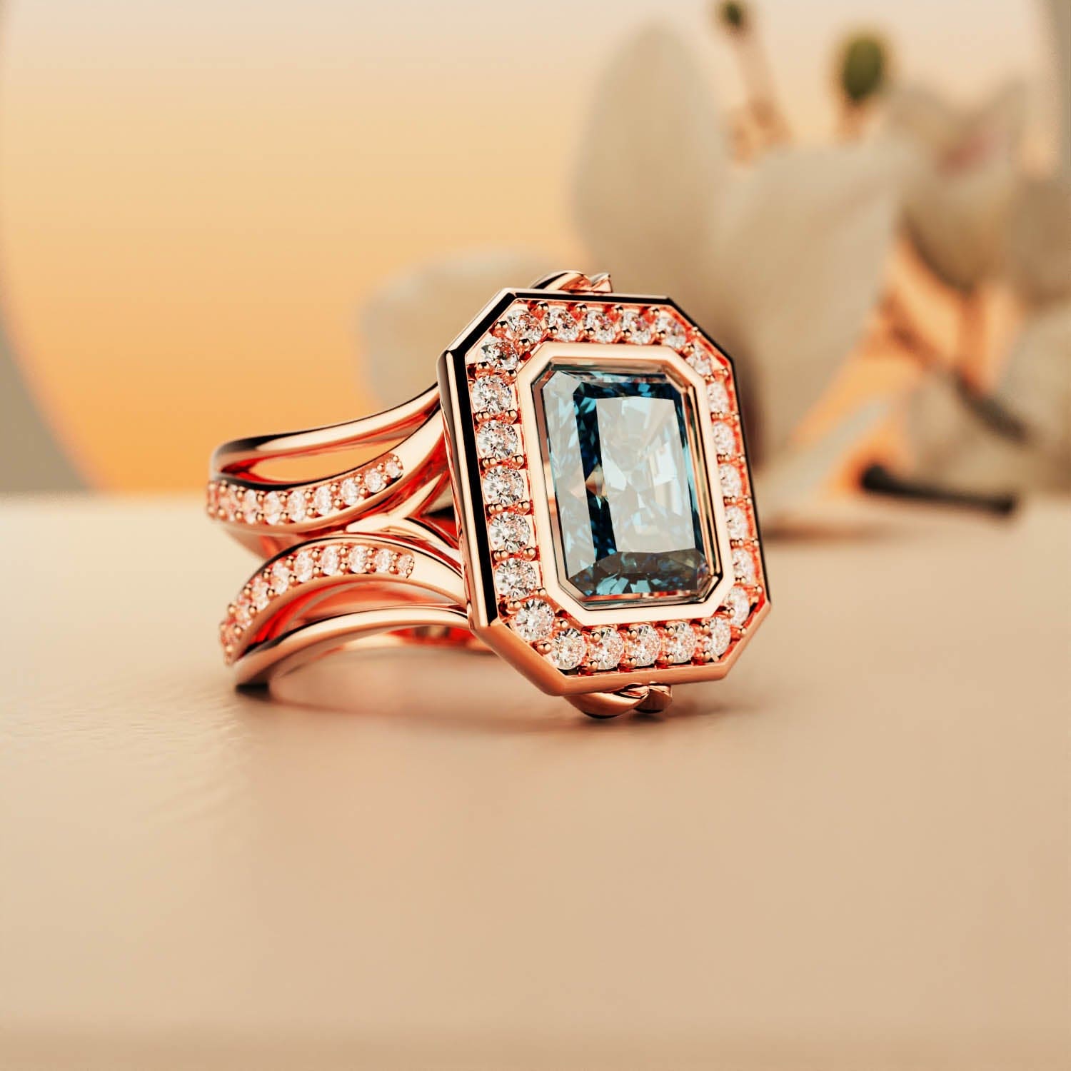 Elysian Glow: anillo de diamantes de talla esmeralda - bañado en oro rosa de 18 quilates